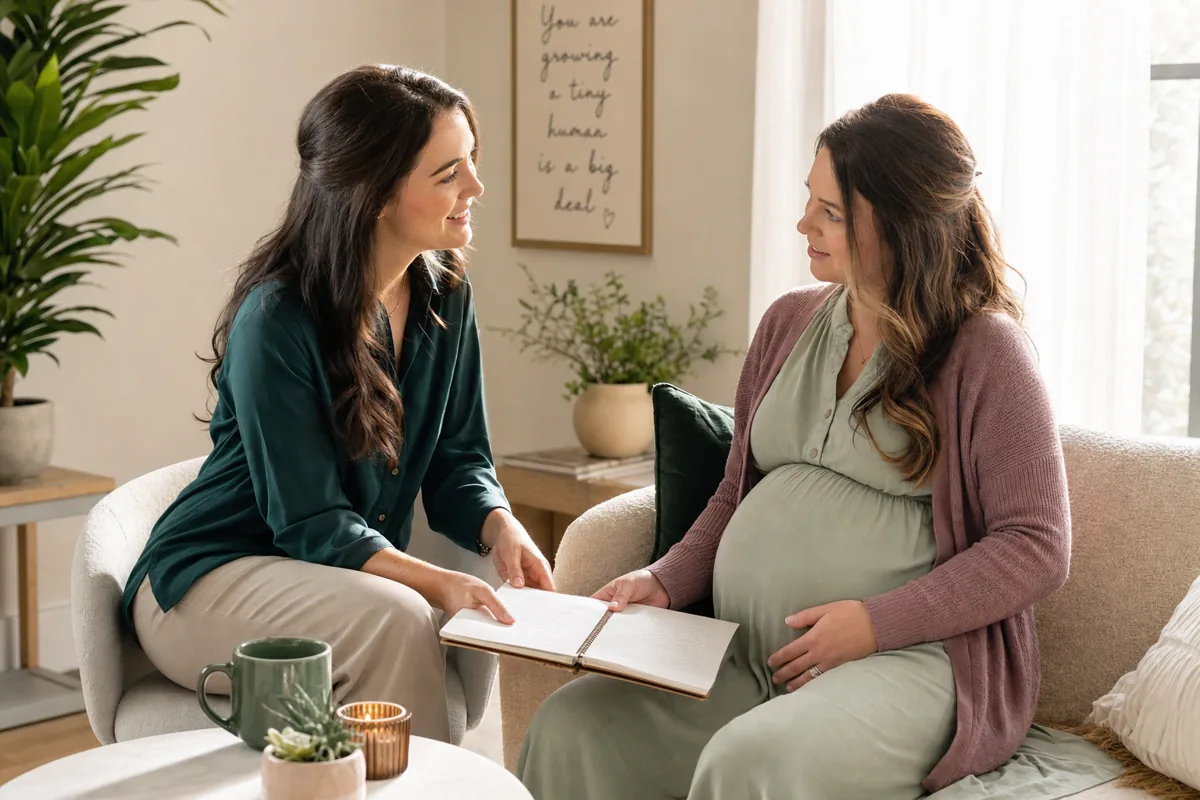 Pregnancy coach meeting warmly with an expectant client