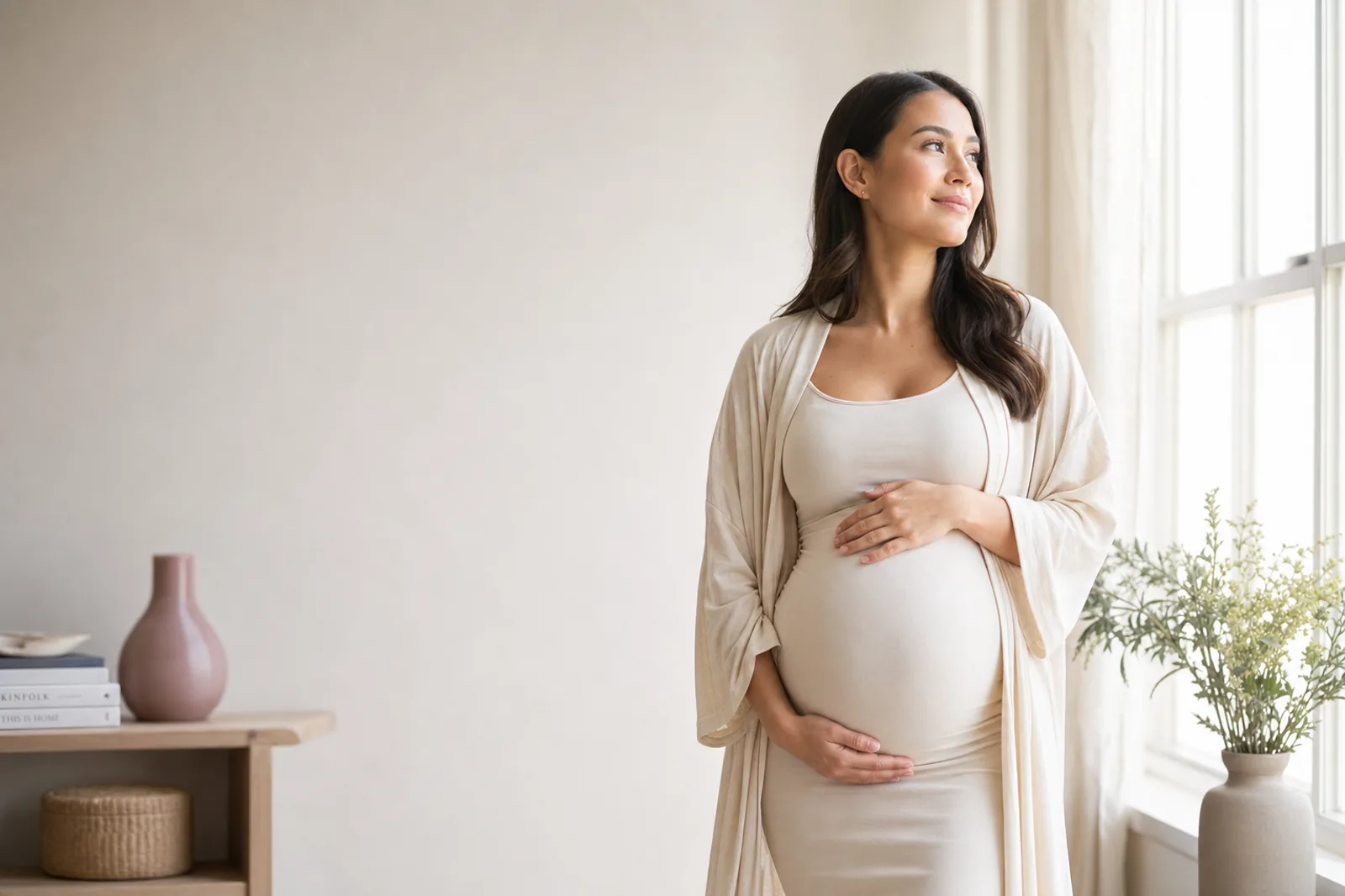 Expectant mother cradling her belly in soft natural light