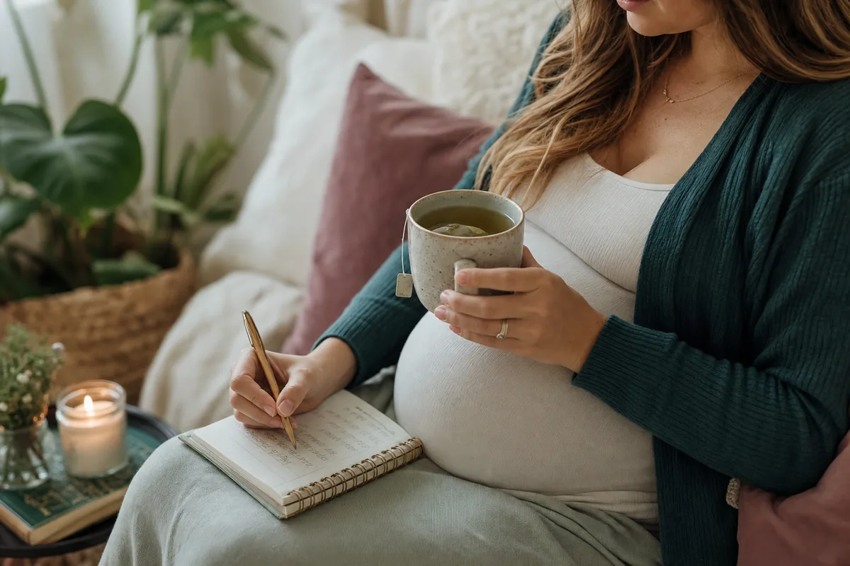Expectant mother journaling with a warm cup of tea